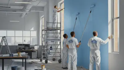 Commercial painting crews finishing a Dayton, OH business exterior with durable protective coatings